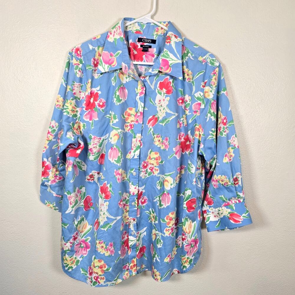 Chaps Button Front Shirt Women's 2X Blue Pink Floral 3/4 Sleeves No Iron Cottage